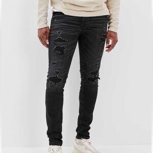 American Eagle Black Distressed AE AirFlex+ Patched Skinny Jeans Stretch 28x30